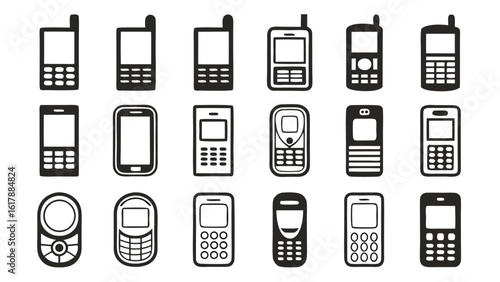 Collection of vintage and modern mobile phones in a grid layout