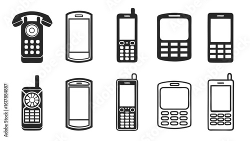 Collection of vintage and modern mobile phone icons in black and white