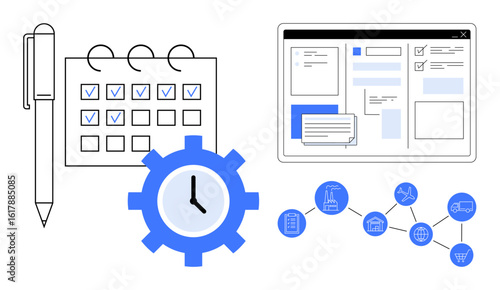 Pen beside calendar with marked tasks, clock inside gear, digital interface for tasks, and supply chain workflow. Ideal for time planning, productivity, workflow design, task automation, project