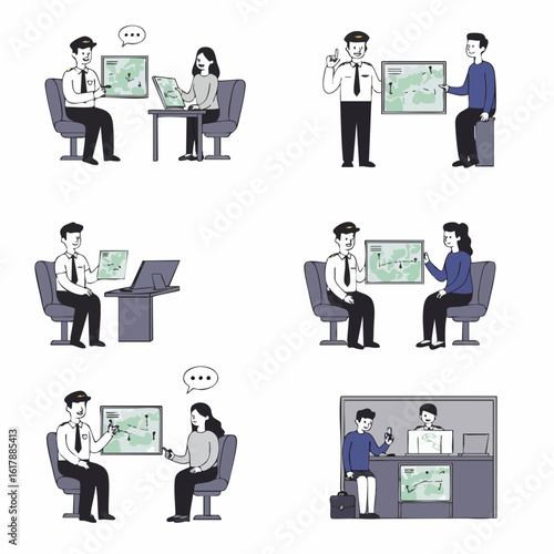 Illustrations of airline crew members and professionals discussing flight plans and aviation logistics in various collaborative settings.