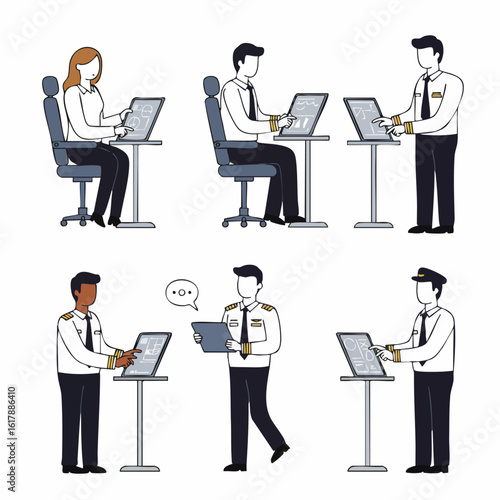 Diverse airline crew and pilots interacting with digital control systems and tablets, depicting modern aviation operations and professional roles in a simplified line art style.
