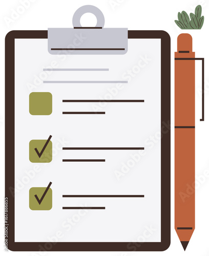 Clipboard with checklist of tasks marked complete and pen beside. Ideal for productivity, planning, organizing, task management, office work, goals, simple flat metaphor