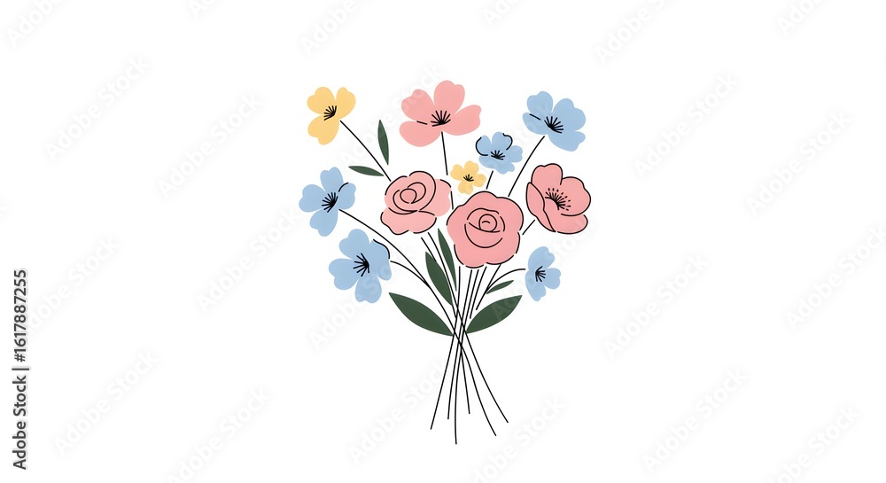 Obraz premium Pink, Blue, Yellow floral arrangement design; illustration with flat style and clean surface; for branding, posters, social media, or print.