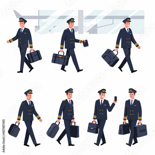 Collection of happy male airplane pilots in uniform walking and carrying bags, with some airport background elements and isolated views.