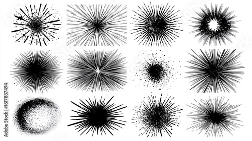 ne sparkle vector set, comic style decorative lines, burst effects, and dynamic radial patterns in black for enhancing illustrations, comics, and graphic designs with energetic visual elements