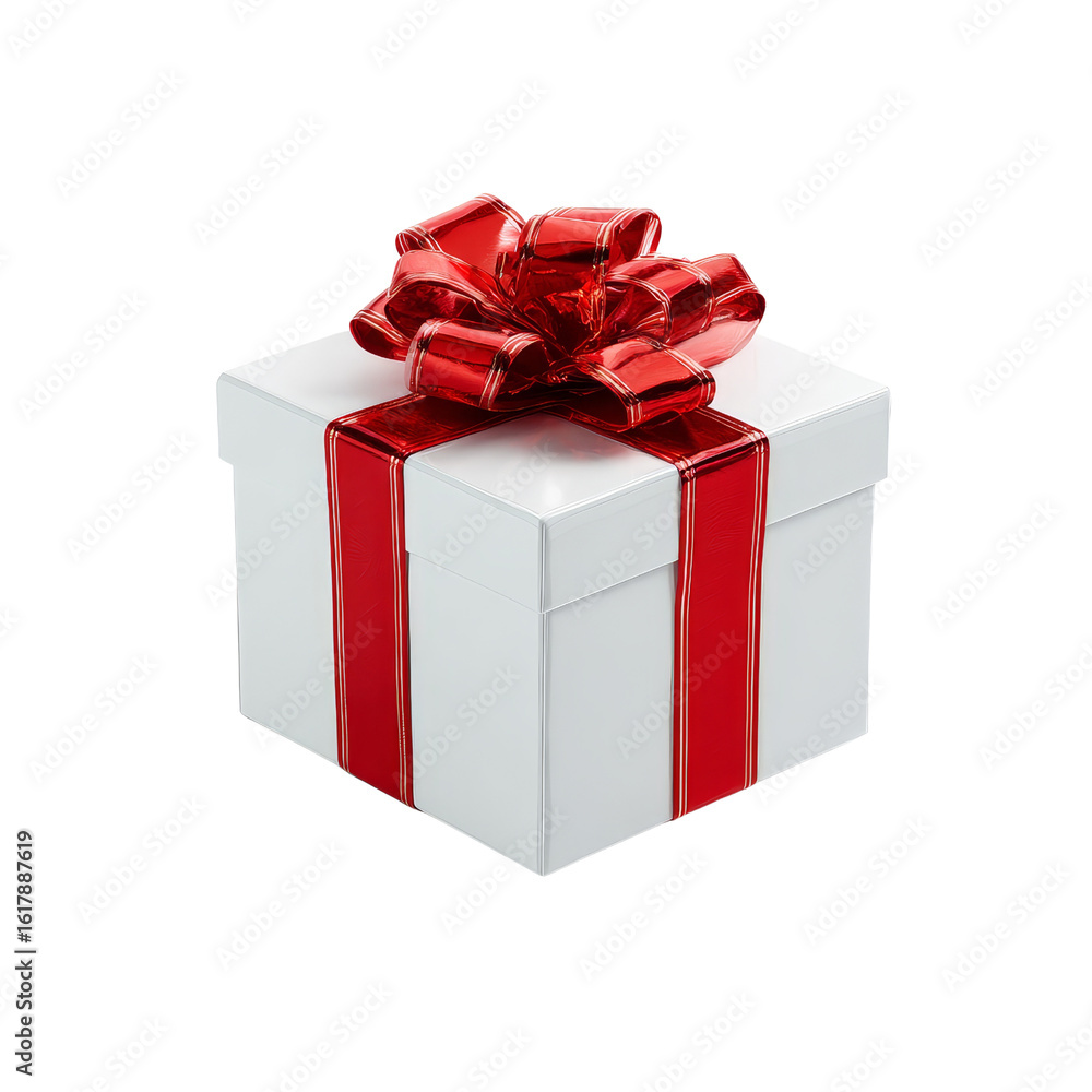 Fototapeta premium A collection of elegant white gift boxes adorned with red satin ribbons and bows, isolated on a transparent PNG background, for holiday promotions, birthday themes, online shops, Christmas, New Year