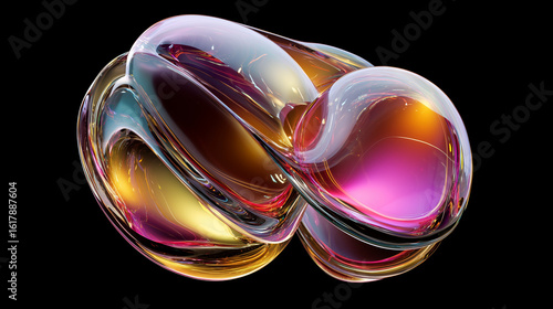 Liquid Shape. Three-Dimensional Chrome Abstract Element with Neon Liquid Bubble