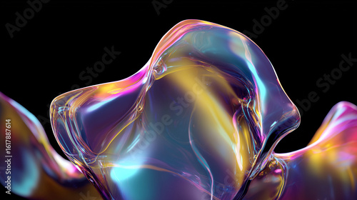 Liquid Shape. Three-Dimensional Chrome Abstract Element with Neon Liquid Bubble