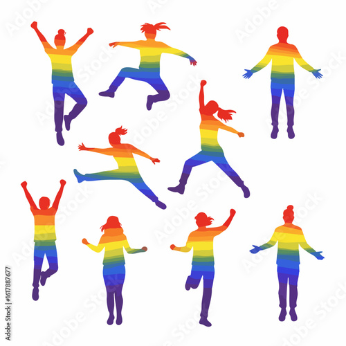 Joyful rainbow-colored silhouettes of diverse individuals in various dynamic poses, symbolizing freedom, pride, and community celebration.