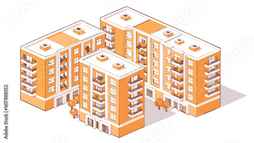 Isometric view of orange apartment buildings with balconies and trees in a residential area block design