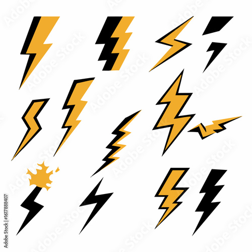 Collection of diverse lightning bolt icons in yellow and black, representing electricity, power, energy, and speed in various dynamic styles.