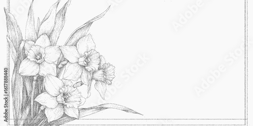 Daffodils background, space for text. Speckled ink sketch with grainy paper overlay, rough scratch details, retro blur effect.