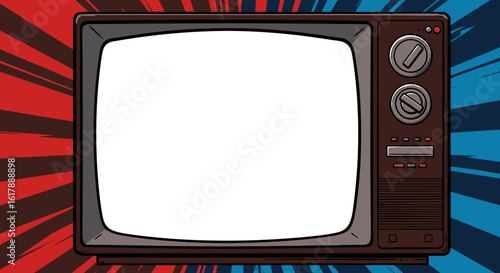Cartoon Retro Television Set with Blank White Screen and Knobs
