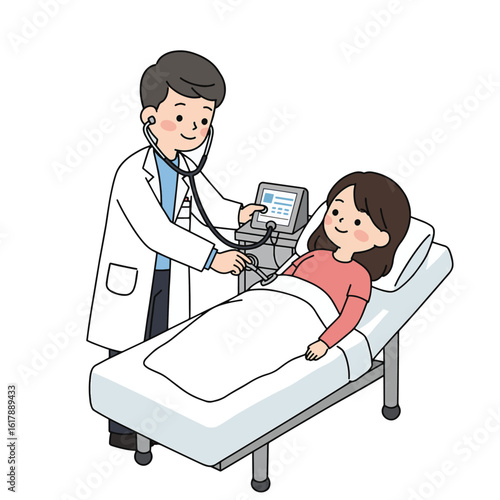 A friendly male doctor conducts a medical examination on a female patient lying in a hospital bed with a stethoscope.