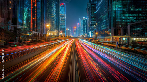 The hustle and bustle: Time - lapse inspired city scene, streams of car lights under the city's skyscrapers, energy of urban life 
