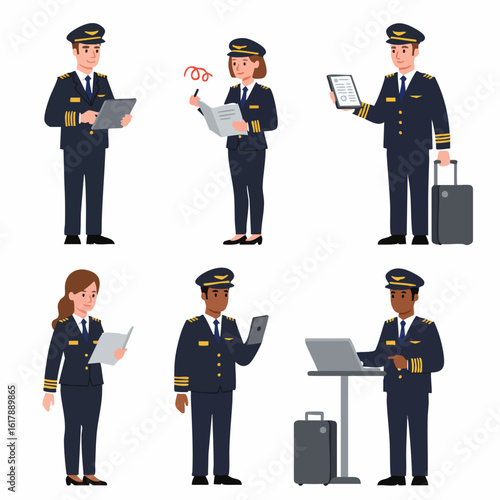 Diverse group of professional pilots in uniform engaged in various aviation and travel-related tasks with technology and documents.
