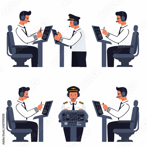 Professional airline pilots in uniform operating modern flight deck controls and instruments, depicted in a clean flat vector illustration style.
