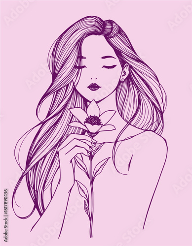 Illustration of a woman with long hair holding a flower with closed eyes in a light pink background