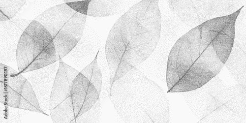 Pattern with leaf print. Noisy dotwork drawing with handdrawn lines, subtle spray marks, aged grain background.