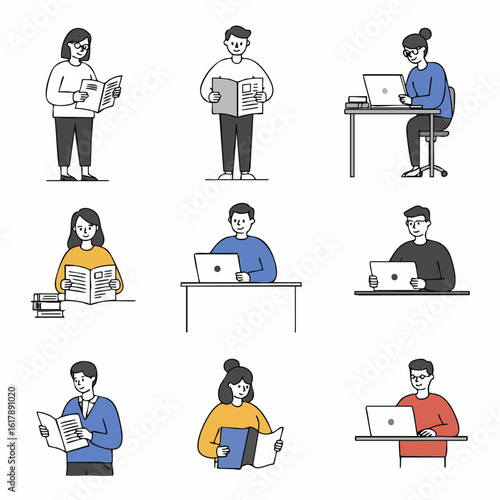 Diverse individuals engaging with information: reading newspapers, books, and working on laptops, illustrating various forms of media consumption and productivity.