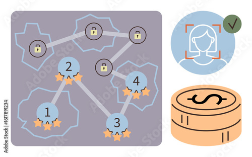 Blockchain network with locked connections, star ratings, facial recognition icon, and stacked coins. Ideal for security, authentication, blockchain, fintech, innovation data protection simple flat