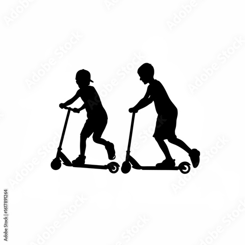 Silhouette of two friends racing scooters playfully on white background