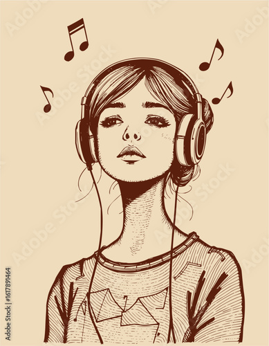 Illustration of a girl with headphones listening to music notes floating around her head in brown tones
