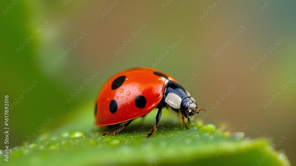 Fototapeta premium Red ladybug on green leaf with water drops, macro close-up