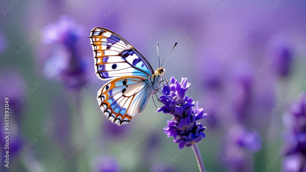 Naklejka premium Blue and white butterfly on purple lavender flower in field