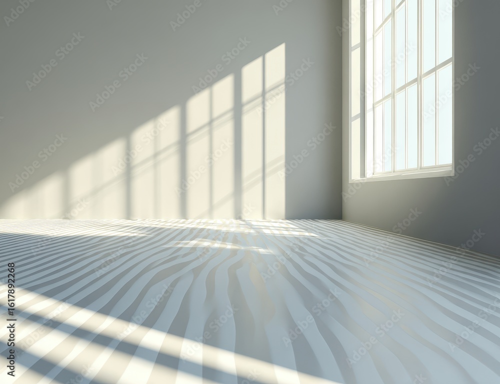 Fototapeta premium Empty room, light streaming through window. Shadows on textured floor