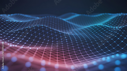 Abstract digital network of glowing blue and red nodes and lines creating a futuristic wave pattern