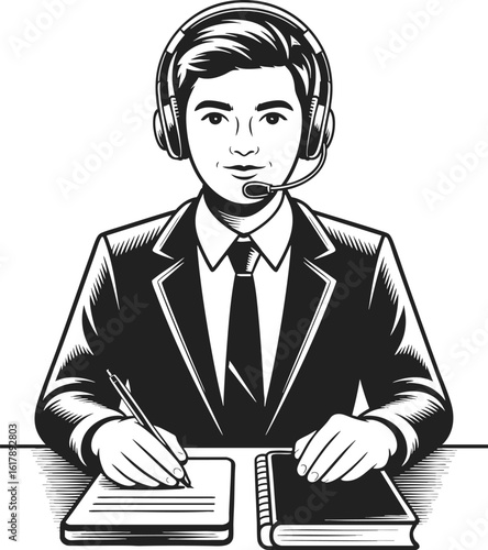 Customer support Black and white vector illustration of a service representative assisting clients and resolving inquiries