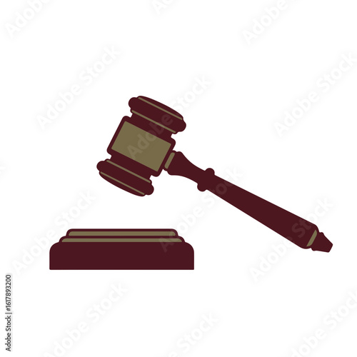 Modern judge gavel in dark brown or maroon colors on white background