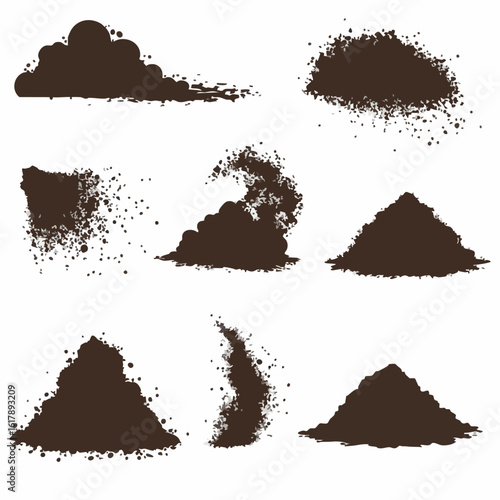 Collection of brown dirt, soil, and ground silhouettes in various messy, scattered, and piled forms, isolated on a white background, perfect for grunge textures and natural elements.