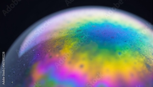 Close-up of a vibrant iridescent soap bubble with abstract colorful patterns
