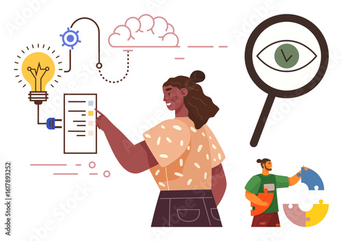 Woman interacting with tasks list, light bulb, connected cloud, magnifying glass, man solving puzzle. Ideal for teamwork, innovation, organization, analysis research project management