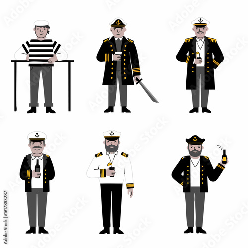 Diverse flat illustrations of seafaring characters: sailors and captains in various poses with different items on white background, representing maritime professions.