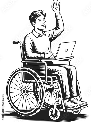 Disabled student engaging in online learning, adapting to challenges, fostering personal growth, enhancing skills