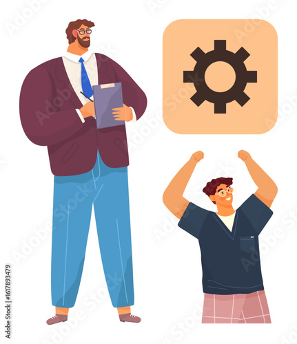 Professional in formal attire holding clipboard beside cheerful individual in casual clothes, celebrating success. Icon of gear indicating development. Ideal for teamwork, leadership, goals, success