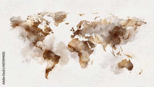 World map, watercolor, muted brown, gold accents