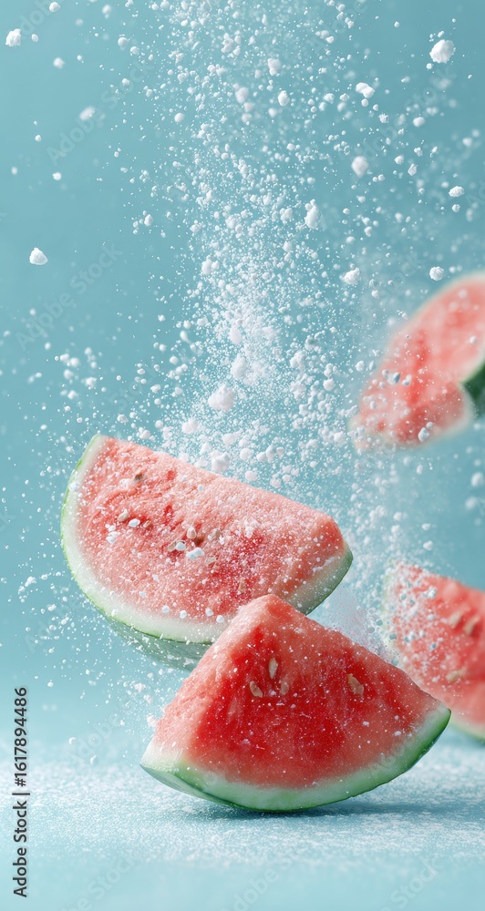 Fototapeta premium Watermelon slices in mid-air, water droplets and powder