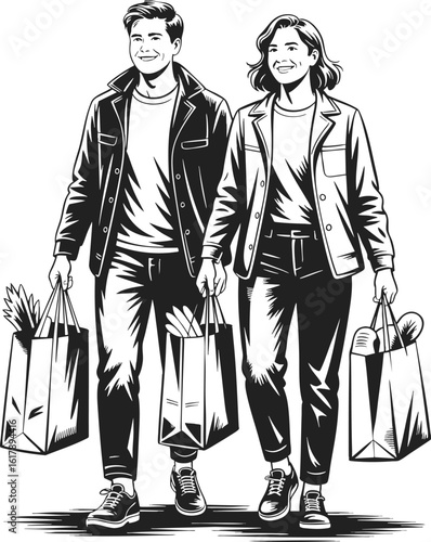 Grocery shopping, carrying bags, daily routines, collaboration in errands, shared responsibilities