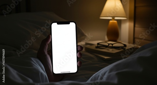 A person's hand holding a smartphone with a blank white screen mockup in a dark bedroom.
