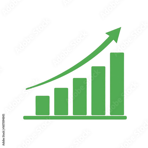 green bar graph chart going up with arrow pointing upwards