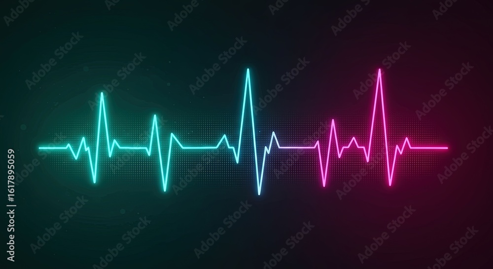 Fototapeta premium Neon electrocardiogram waveform with digital pattern background in blue and pink hues