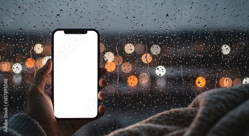 Blank Smartphone Screen Held Near Window with Rain and Bokeh Lights in the Background
