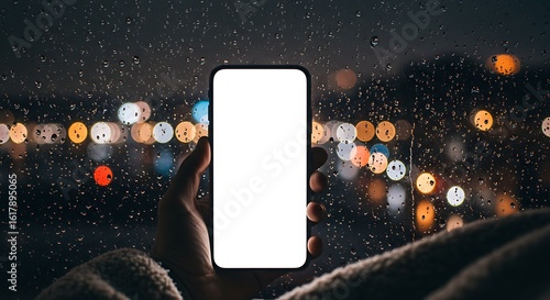 Hand holding smartphone mockup on a rainy night with blurred city lights background.