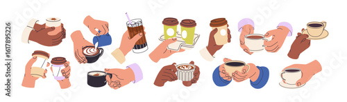 Coffee cups in hands set. Morning caffeine drinks, beverages. Holding espresso, cappuccino, latte in ceramic and takeaway paper mugs, glass. Flat vector illustration isolated on white background