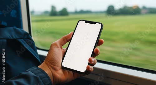 Close-up of a person's hand holding a mobile phone with a blank screen on a train