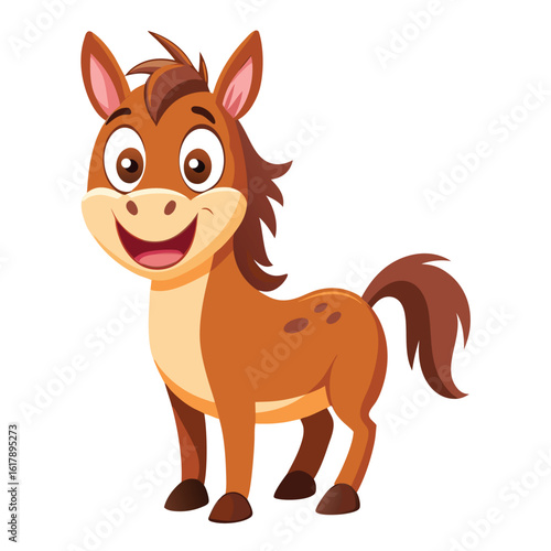 Happy Cartoon Horse with Brown Mane and Tail Standing Tall and Smiling, Friendly Animal for Kids Illustrations